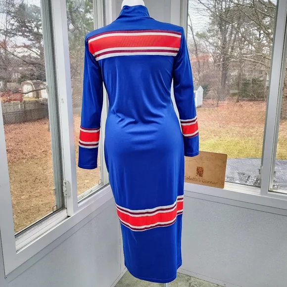 Royal Blue Red & White Ribbed Striped Mock Neck Maxi Column Knit Dress - Picture 5 of 16